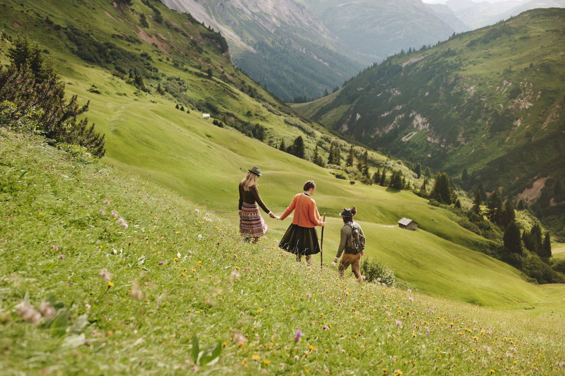 Hiking on the mountain meadow in Lech am Arlberg